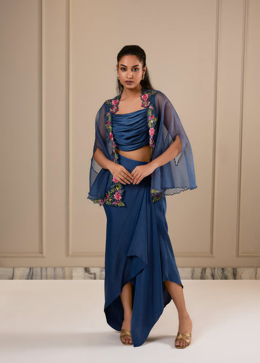 Cowl Blouse with Draped Skirt & Embroidered Cape - Blue