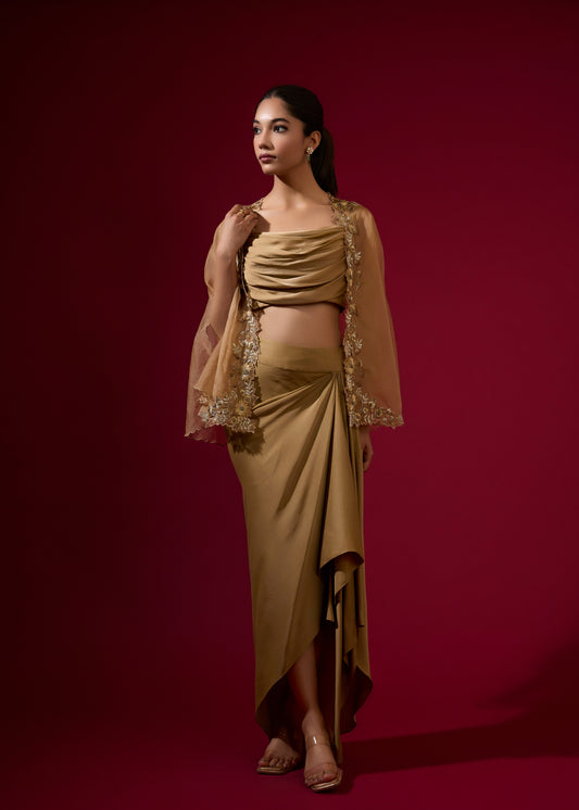 Cowl Blouse with Draped Skirt & Embroidered Cape - Gold
