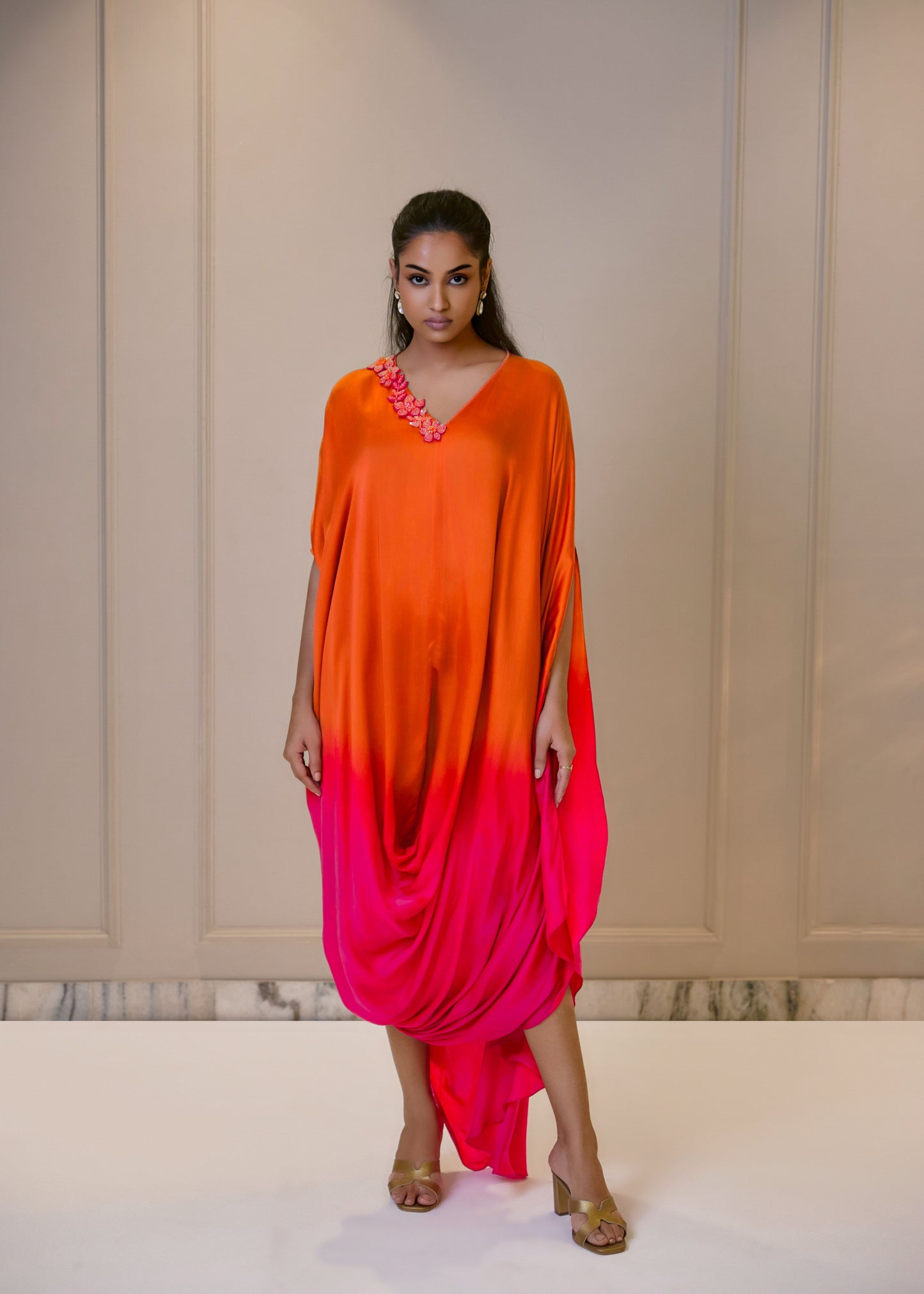Ombre Cowl Drape Kaftan - Orange & Pink