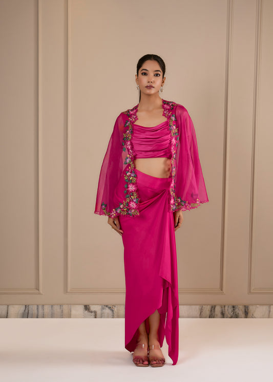 Cowl Blouse with Draped Skirt & Embroidered Cape - Hot Pink