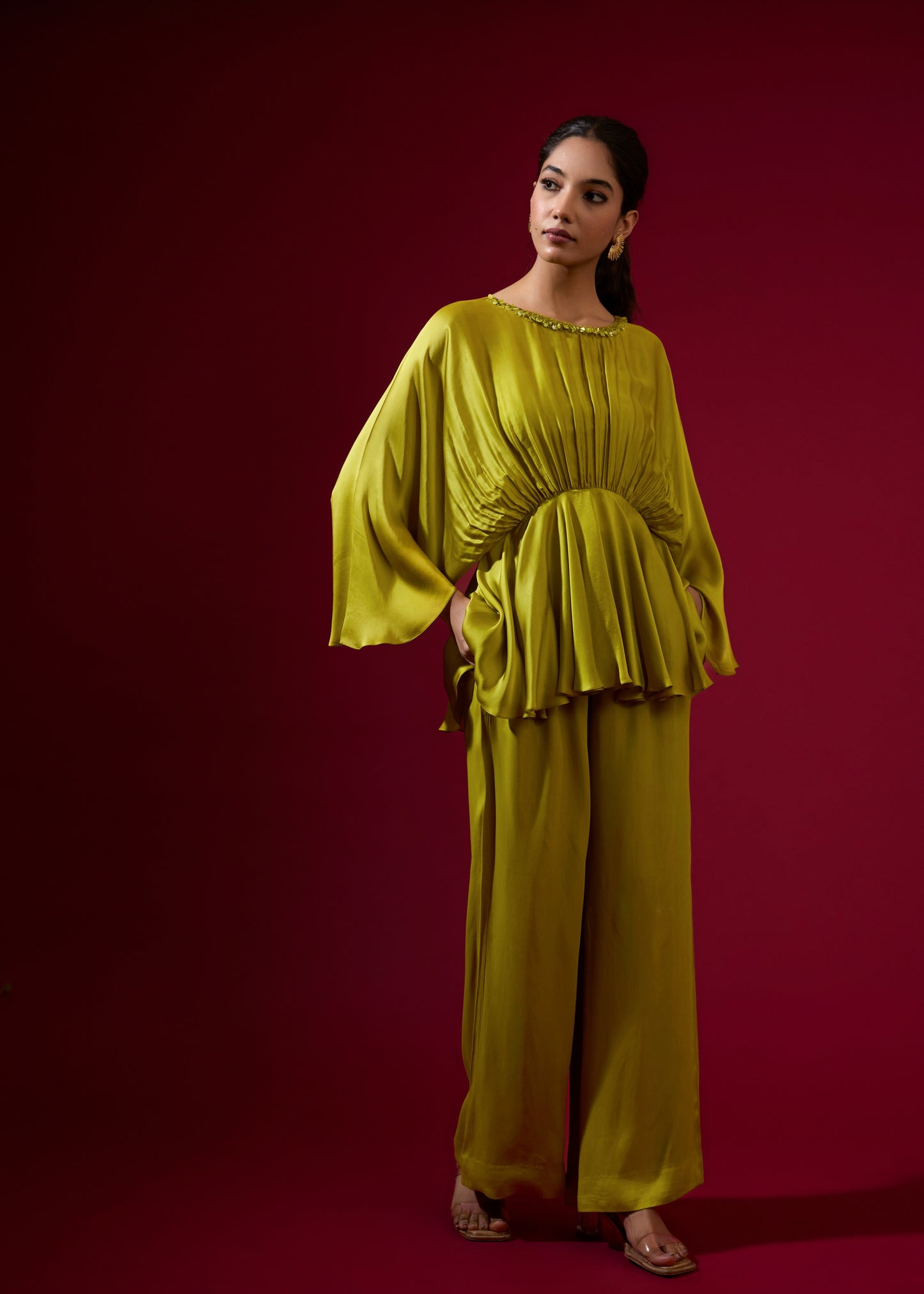 Beaded Cowl Coord Set - Lime Green