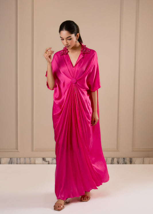 3D Rose Collar Kaftan - Hot Pink