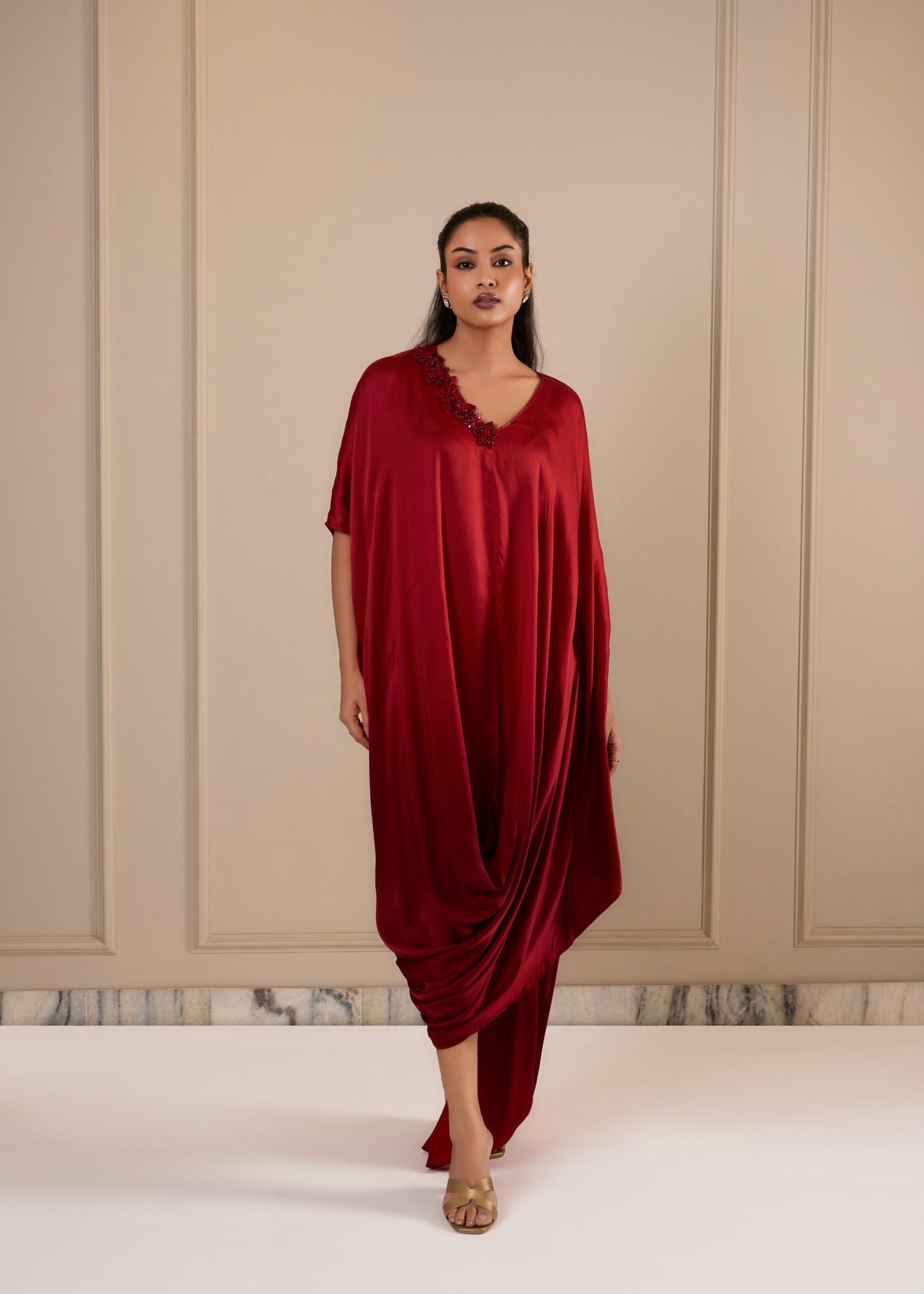 Ombre Cowl Drape Kaftan - Deep Red