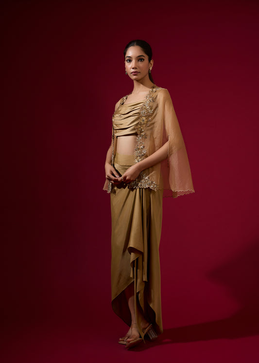 Cowl Blouse with Draped Skirt & Embroidered Cape - Gold