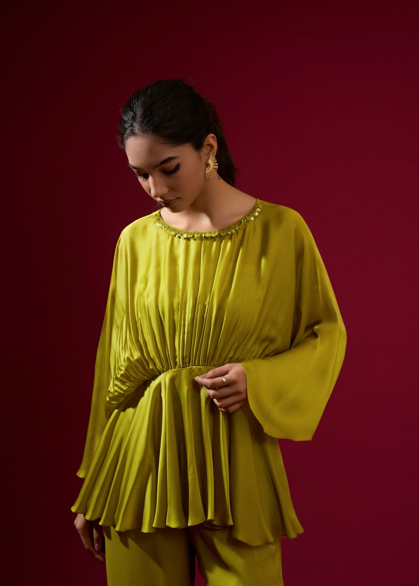 Beaded Cowl Coord Set - Lime Green