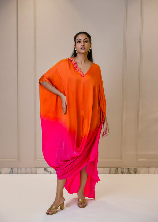 Ombre Cowl Drape Kaftan - Orange & Pink