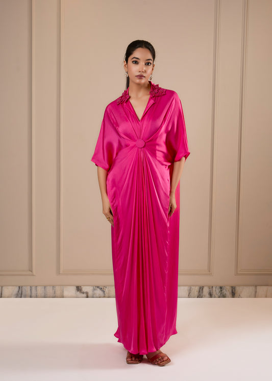 3D Rose Collar Kaftan - Hot Pink