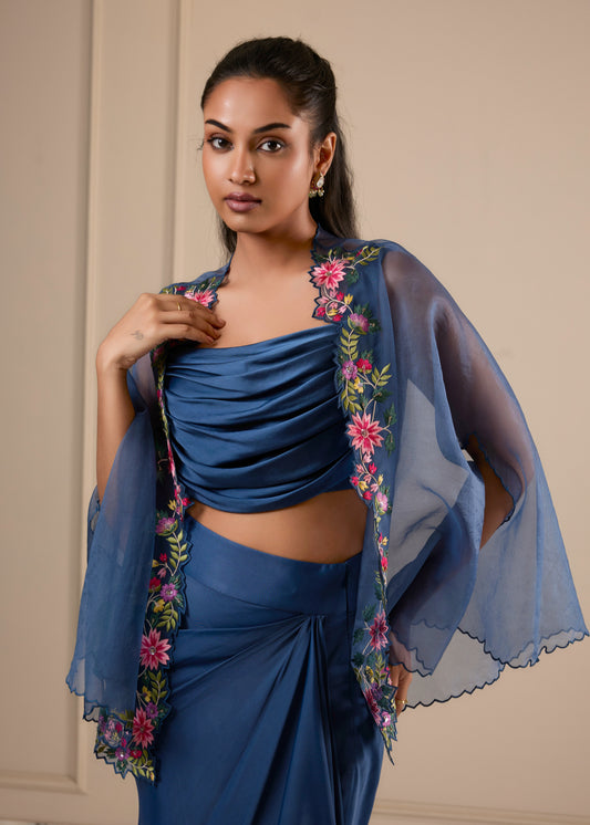 Cowl Blouse with Draped Skirt & Embroidered Cape - Blue