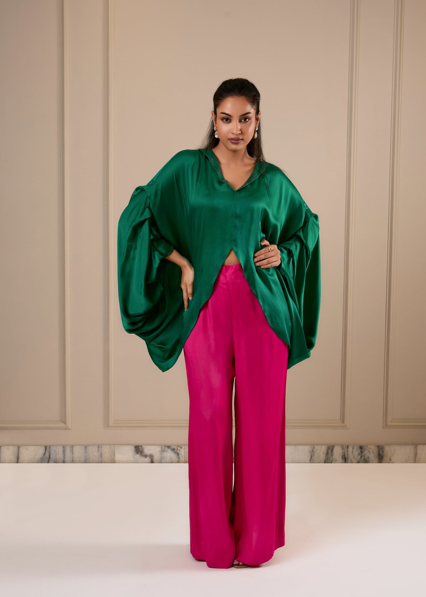 Plunge Color Block Coord Set -Poppy Green & Pink