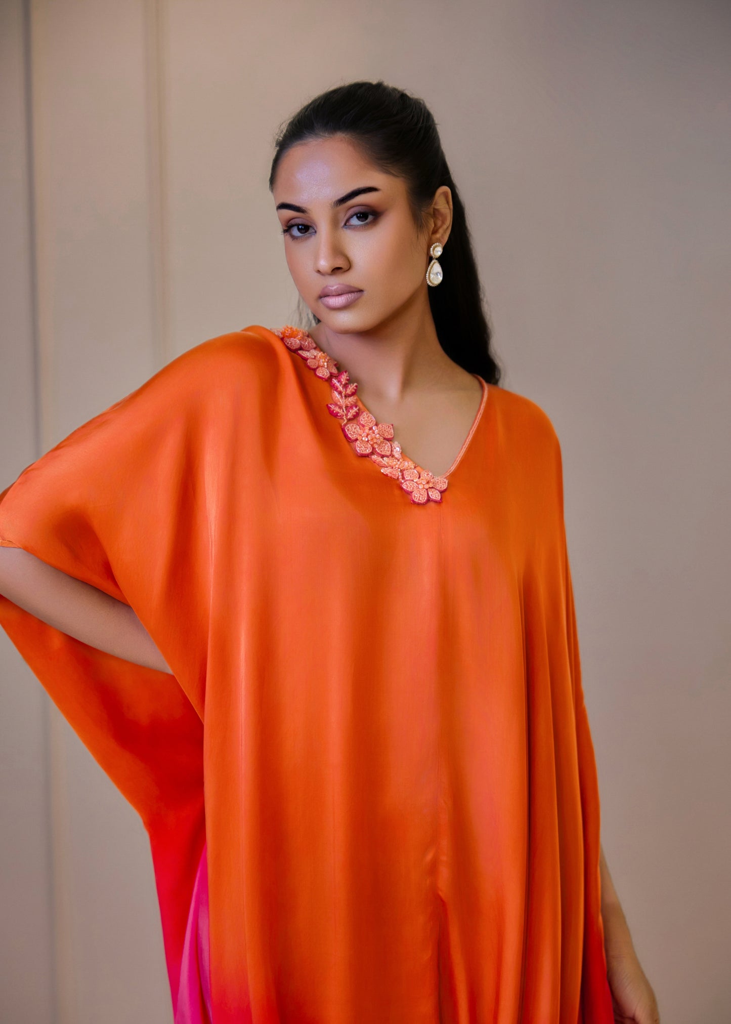Ombre Cowl Drape Kaftan - Orange & Pink