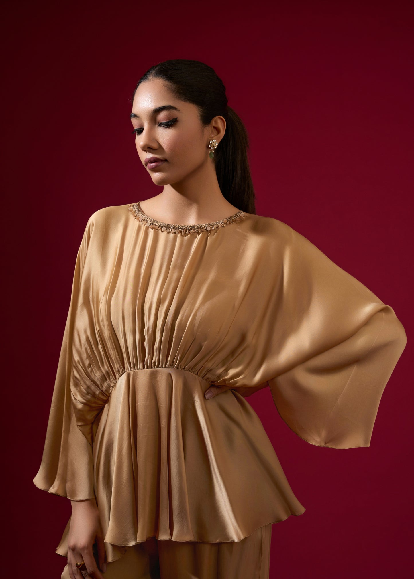 Beaded Cowl Coord Set - Camel