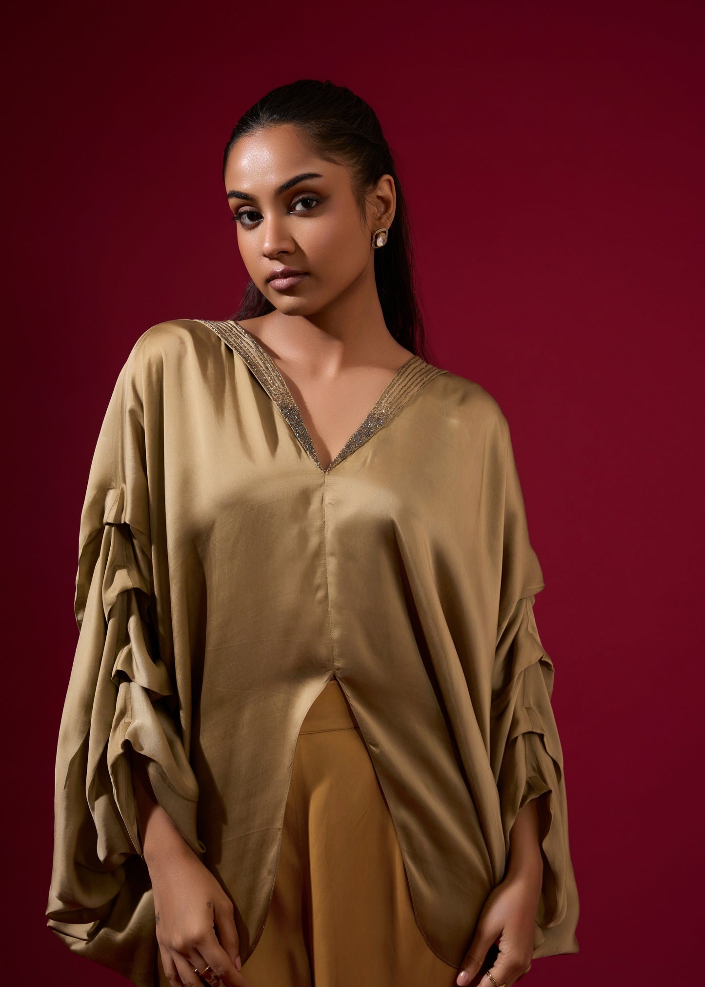 Plunge Color Block Coord Set - Gold & Camel