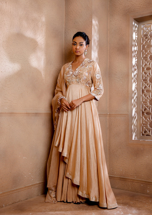 Asymmetrical Anarkali with beautiful Velvet Dori & 3D Embroidery paired with a sharara & heavy dupatta.