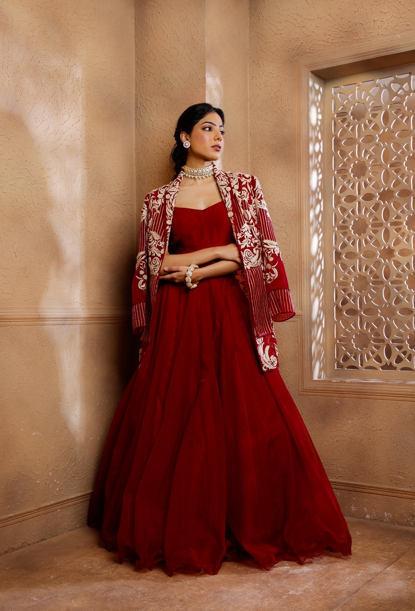 Red Shahi Jacket Lehenga Set