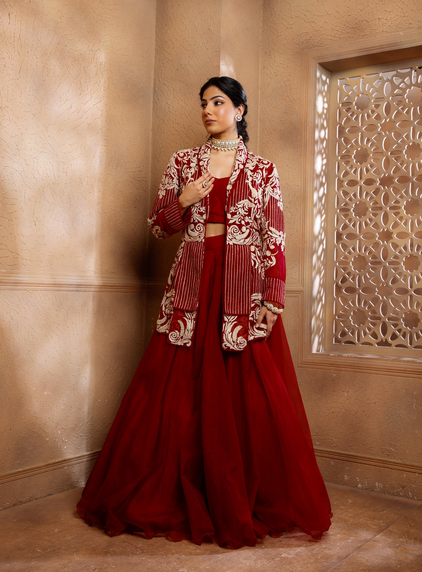 Red Shahi Jacket Lehenga Set