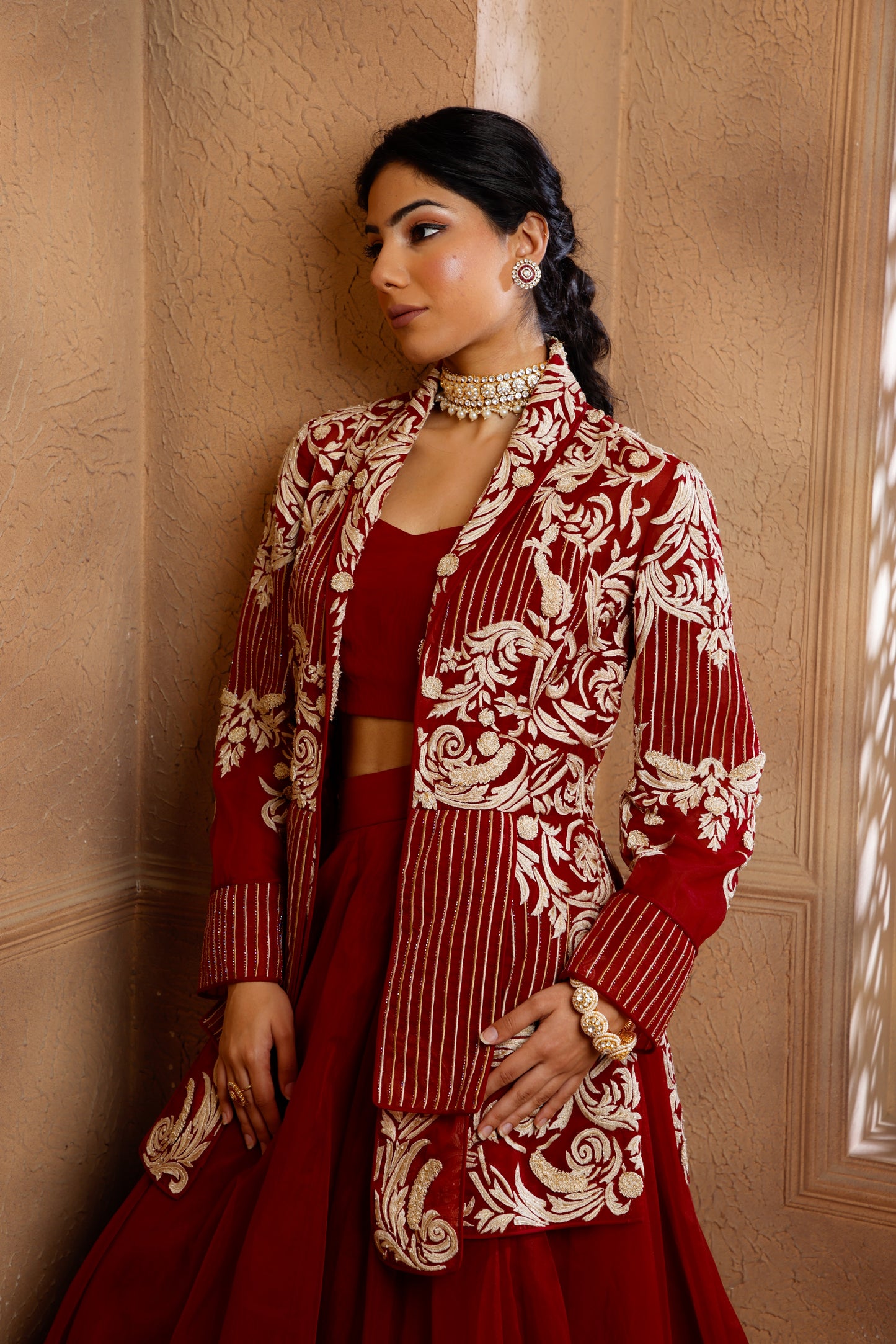 Red Shahi Jacket Lehenga Set
