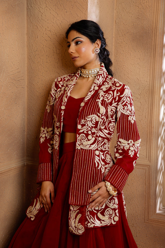 Red Shahi Jacket Lehenga Set