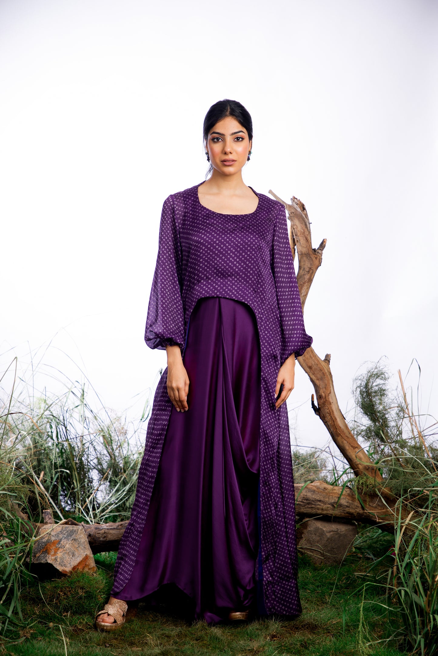 Purple Bandhani Cape with Cowl Dress