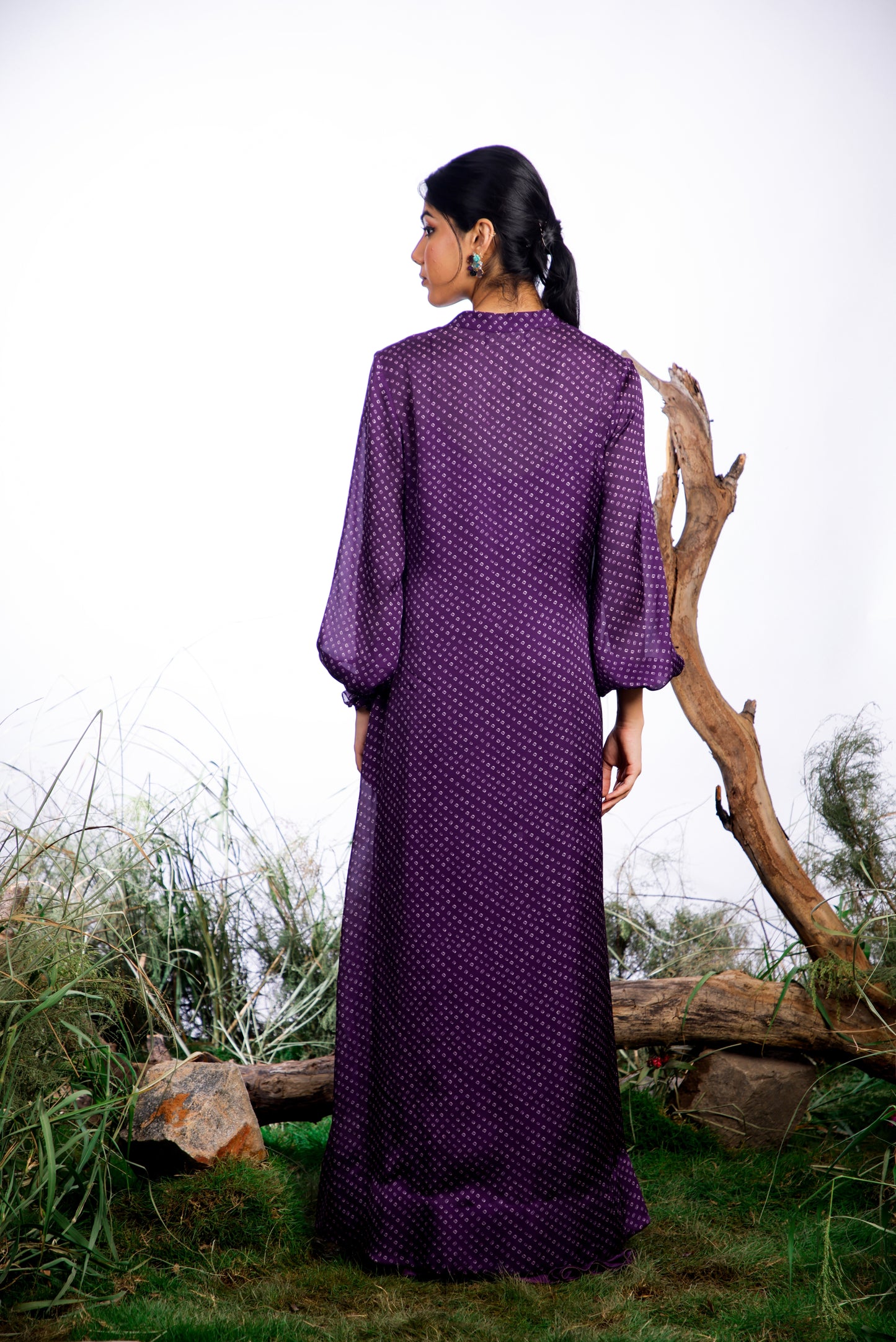 Purple Bandhani Cape with Cowl Dress