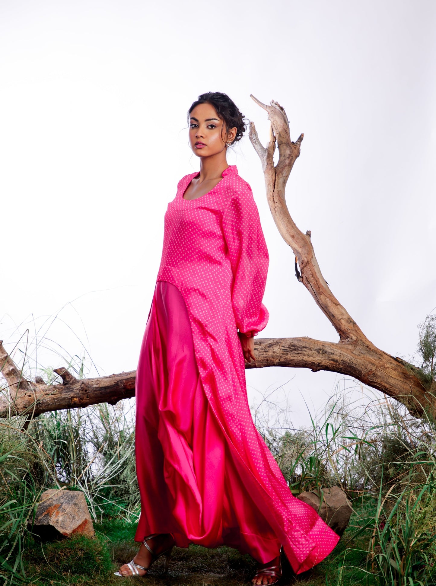 Pink Bandhani Cape with Cowl Dress