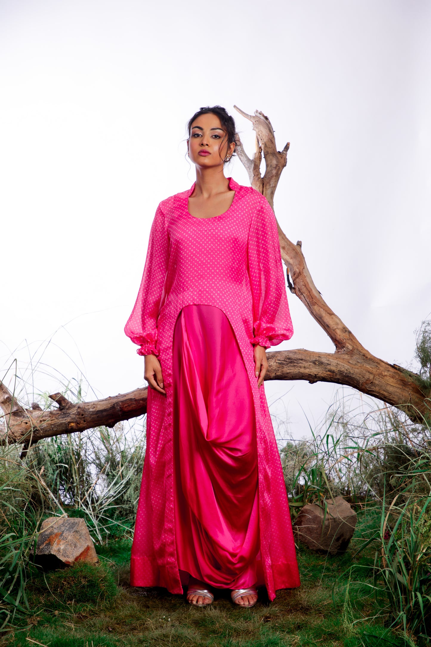 Pink Bandhani Cape with Cowl Dress