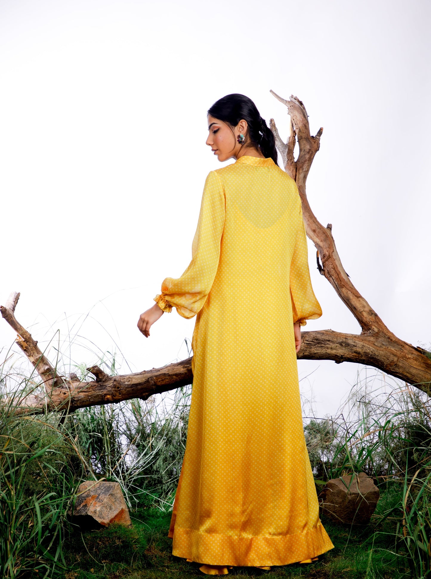 Yellow Bandhani Cape with Cowl Dress