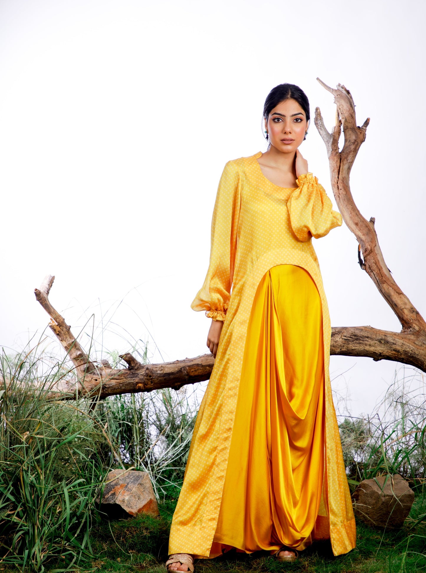 Yellow Bandhani Cape with Cowl Dress