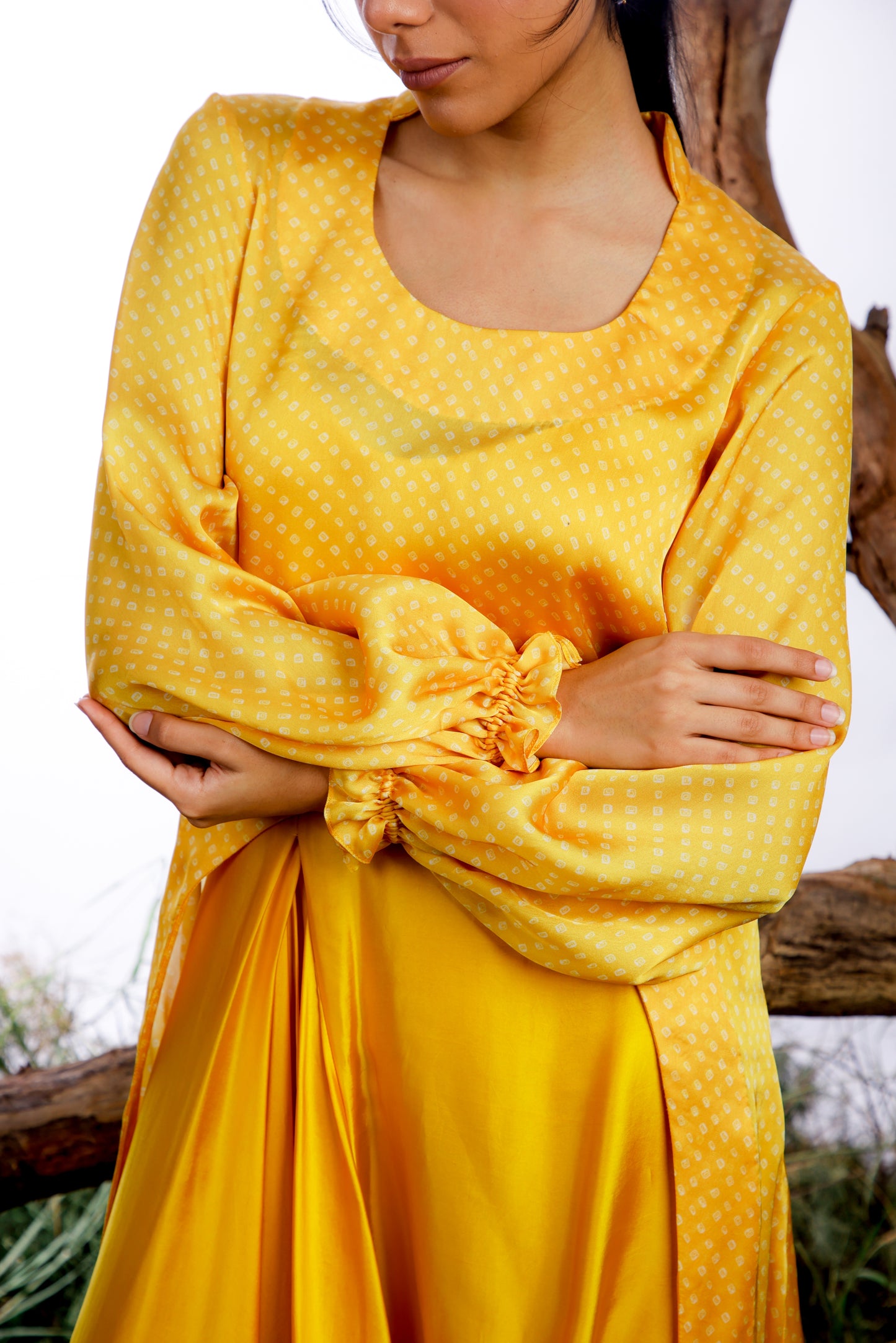 Yellow Bandhani Cape with Cowl Dress