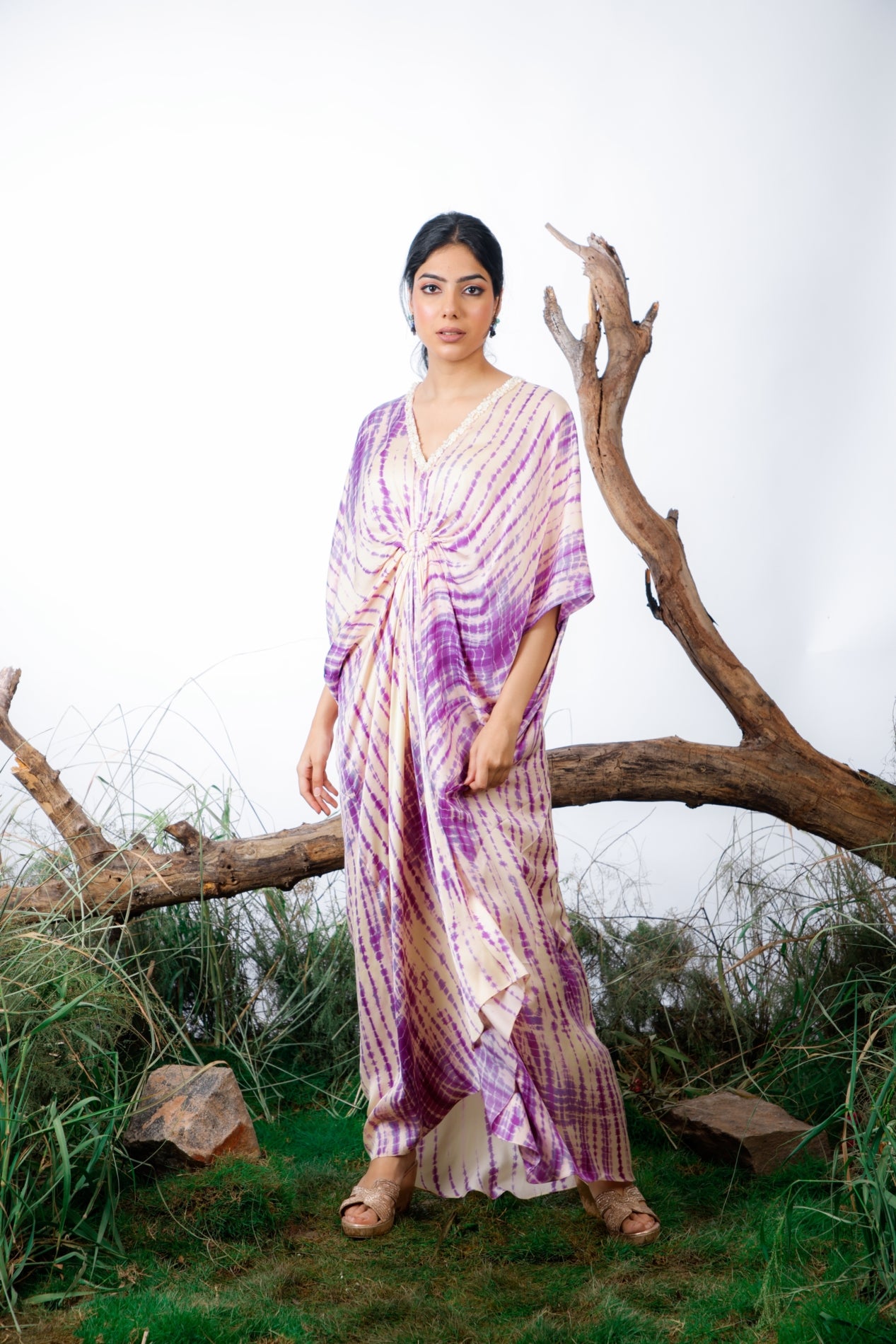 Purple printed kaftan, shibori print, summer collection