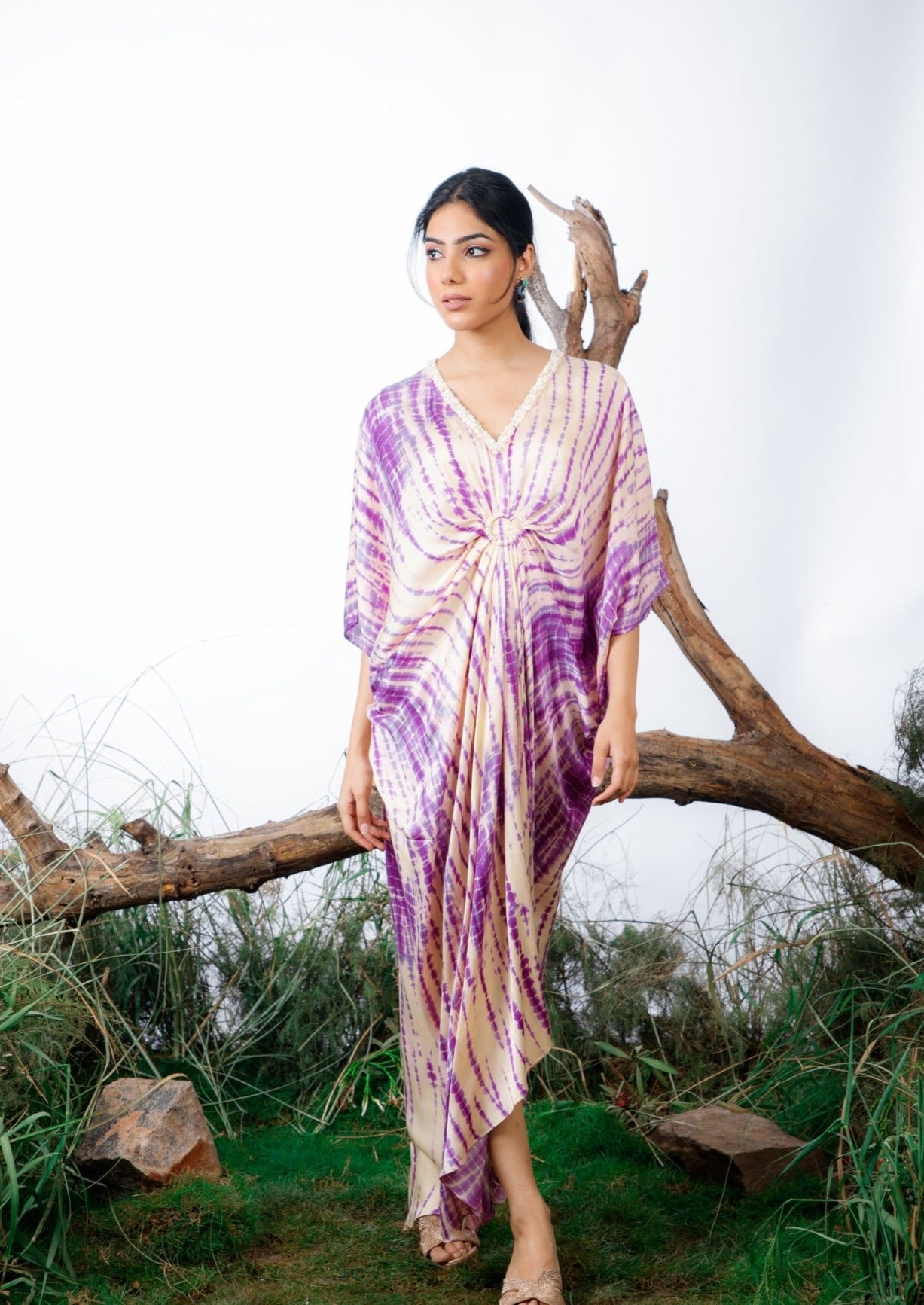 Purple printed kaftan, shibori print, summer collection