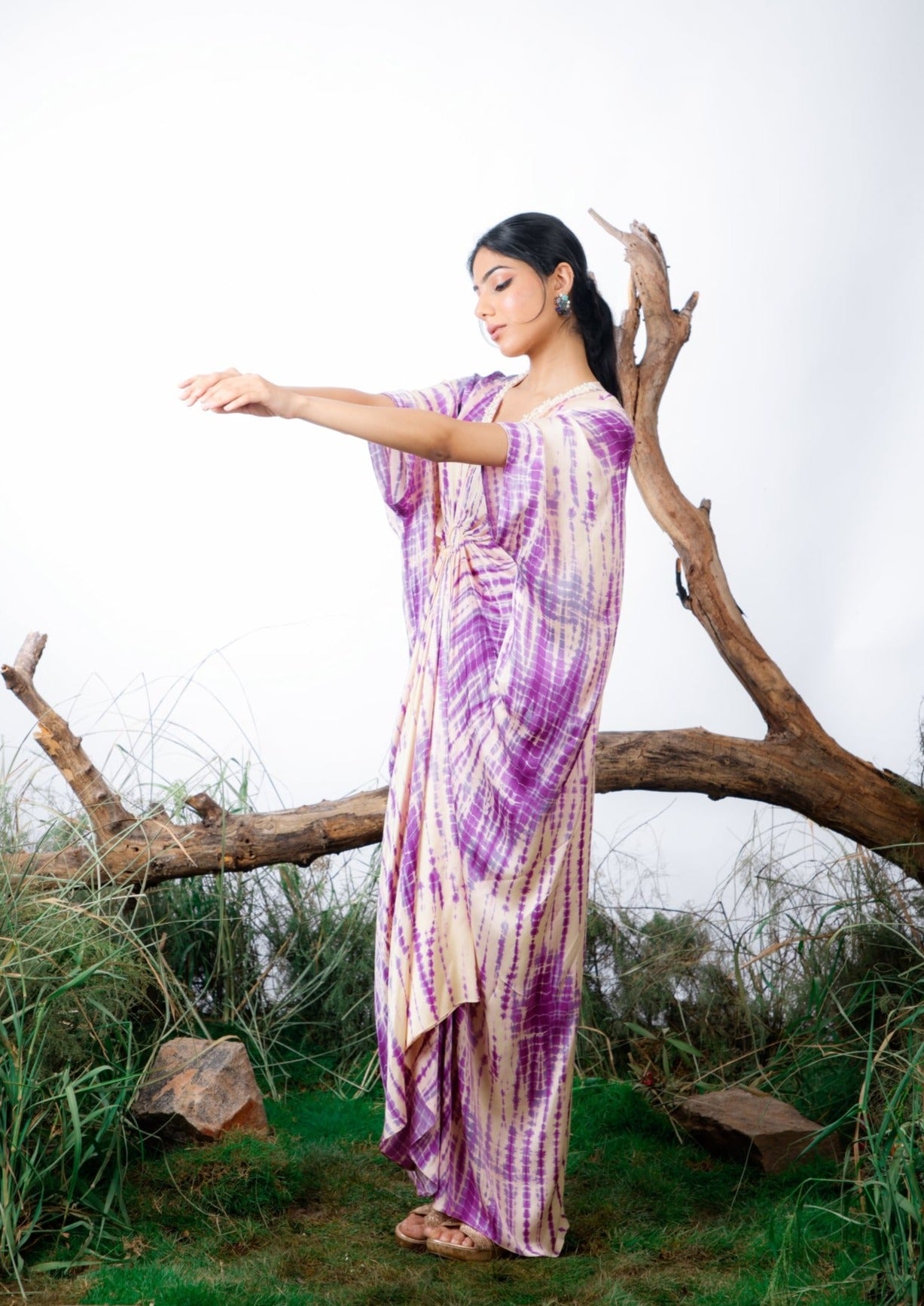 Purple printed kaftan, shibori print, summer collection