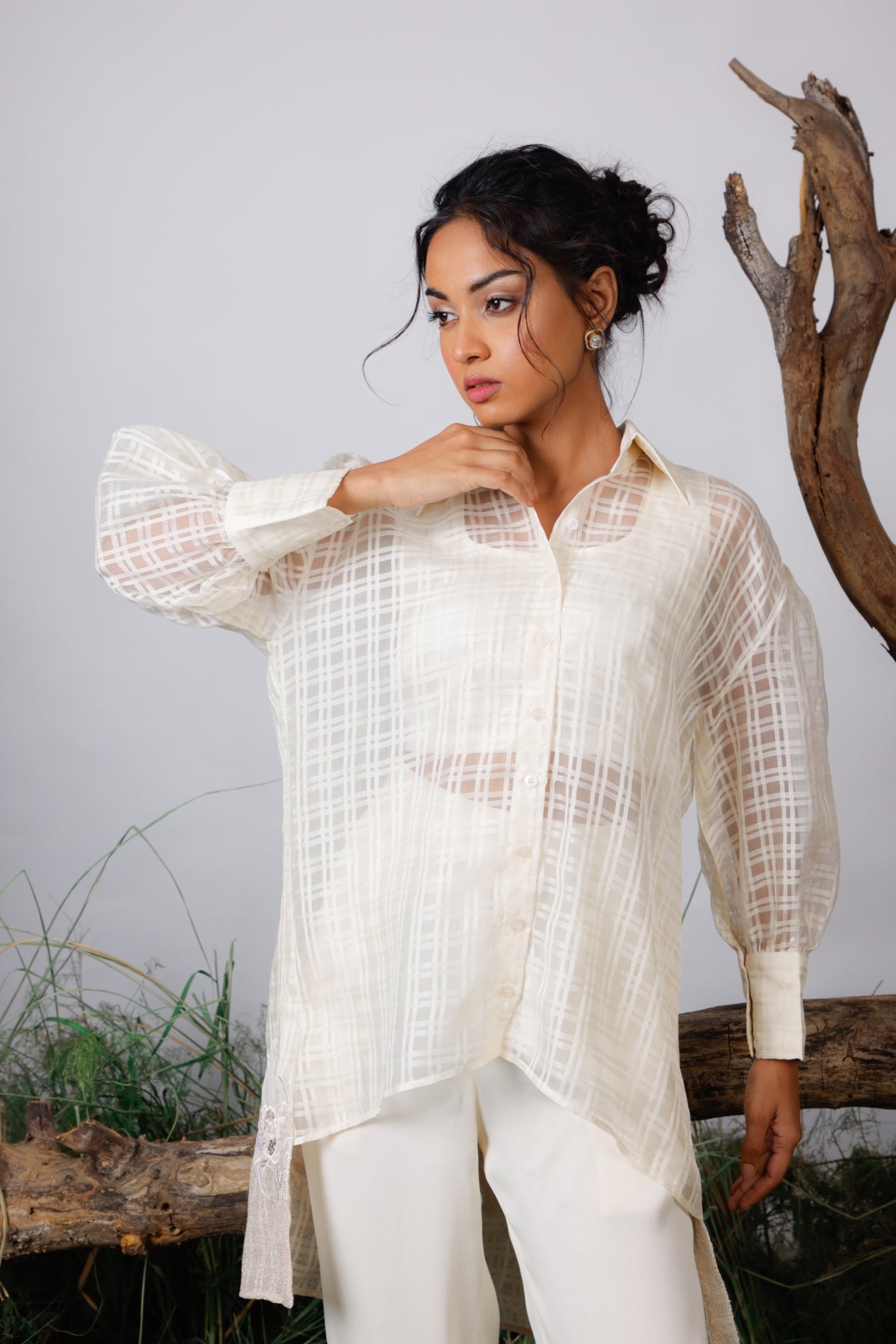 Organza shirt with applique embroidery inner and pants