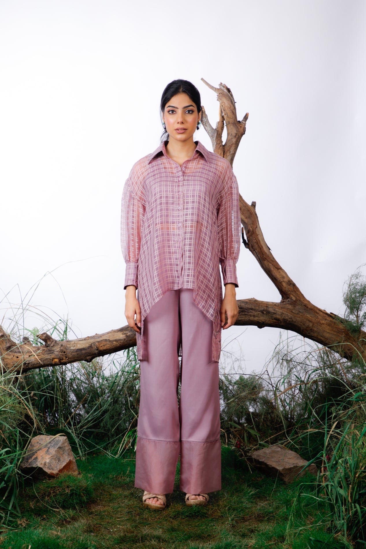 Organza shirt with applique embroidery inner and pants