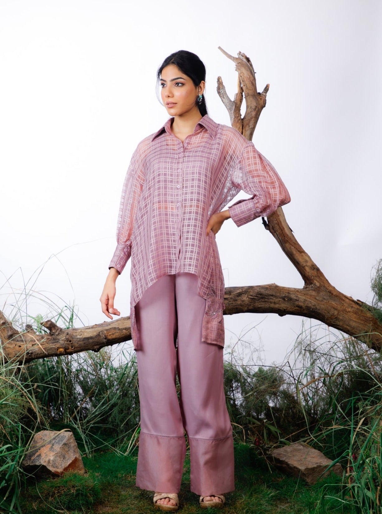 Organza shirt with applique embroidery inner and pants