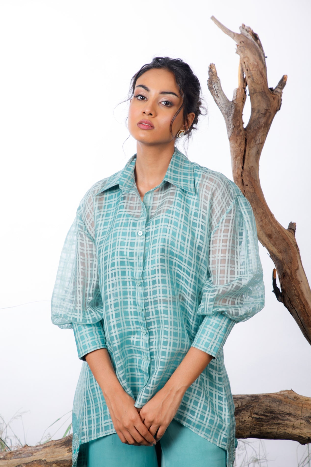 Organza shirt with applique embroidery inner and pants