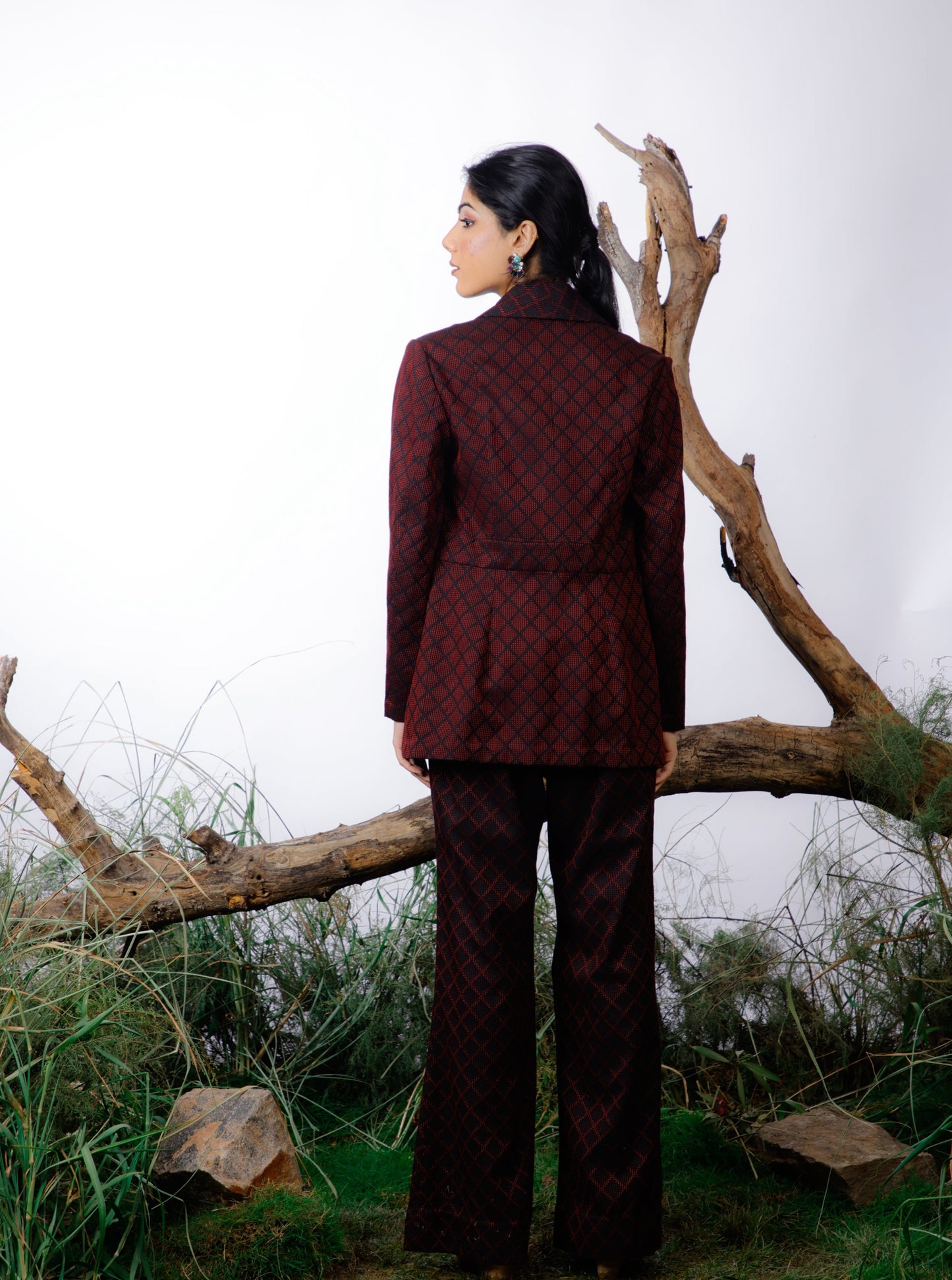 Dobby Kantha embroidered Jacket and Trouser set with a complementary contrast crop top. 