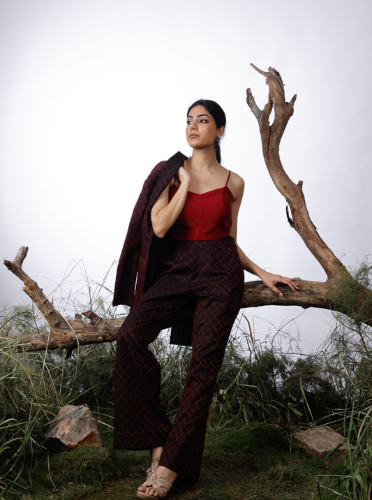 Dobby Kantha embroidered Jacket and Trouser set with a complementary contrast crop top.