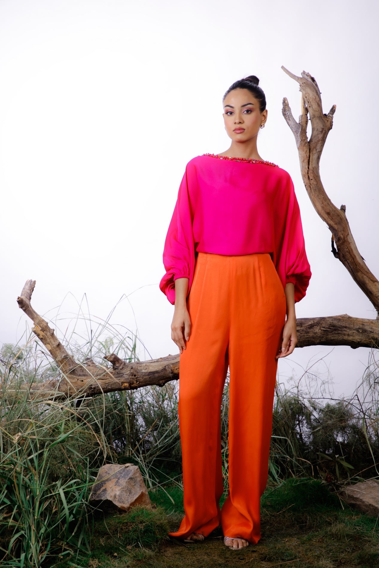 Orange & Hot Pink Color-Block Pearl Beaded Jumpsuit. Pret Collection by omana by ranjana bothra