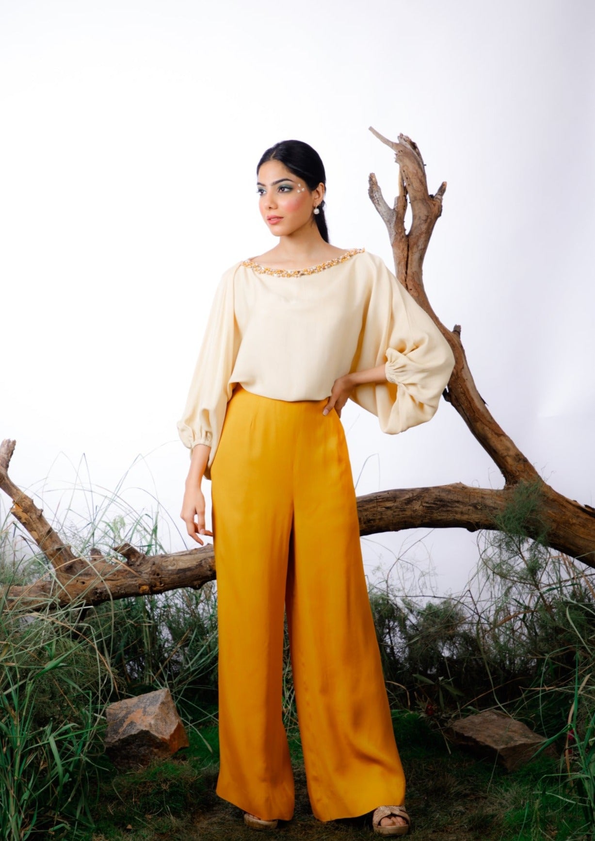 Ivory & Mustard Color-Block Pearl Beaded Jumpsuit. Pret Collection by omana by ranjana bothra