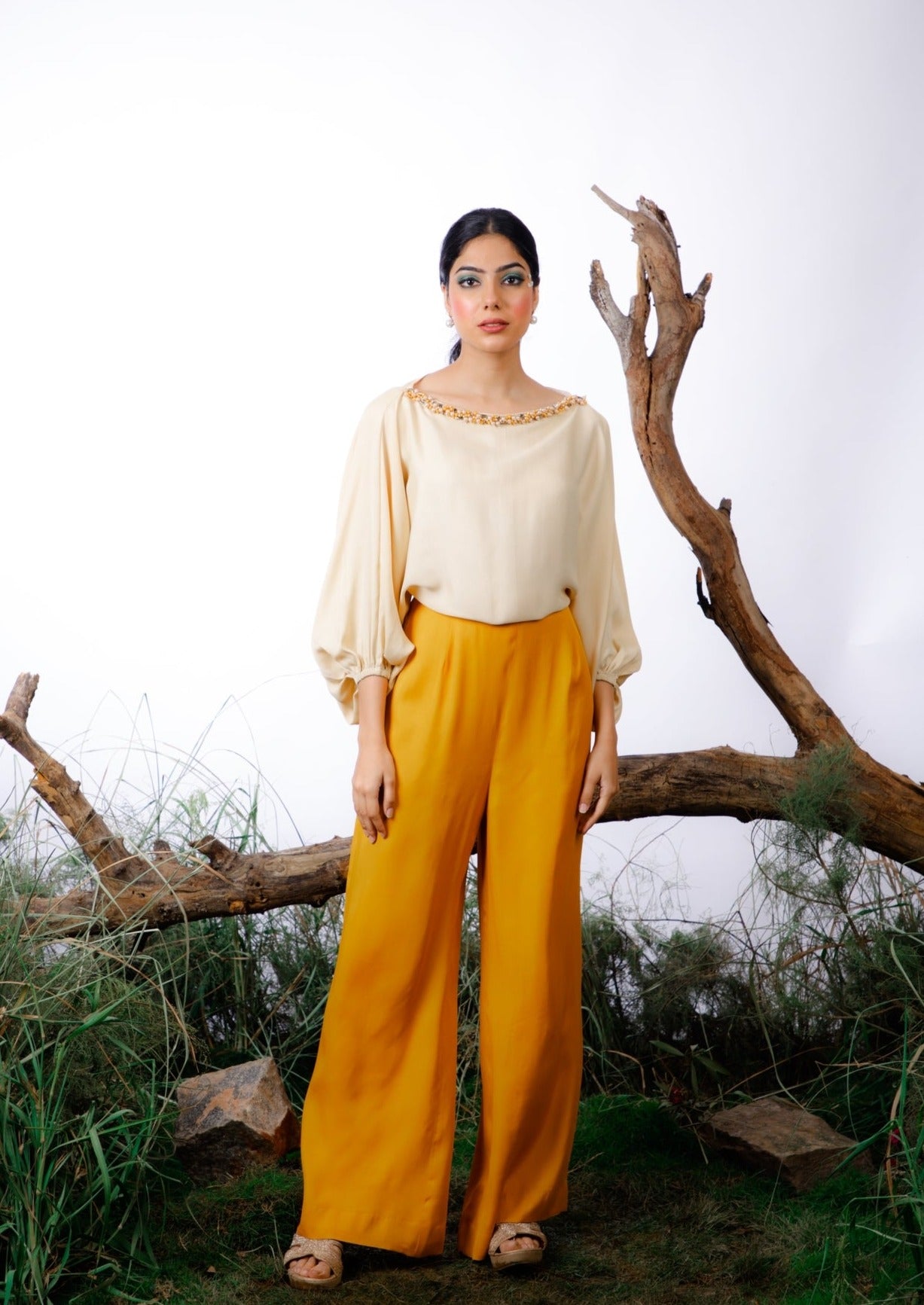 Ivory & Mustard Color-Block Pearl Beaded Jumpsuit. Pret Collection by omana by ranjana bothra