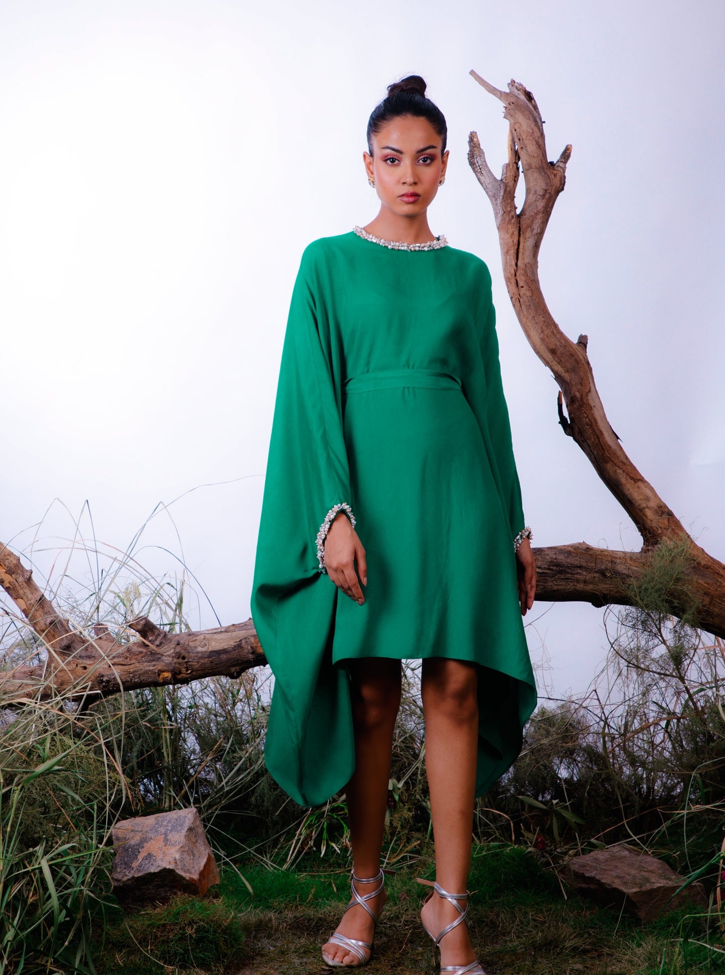 Poppy Green Pearl Beaded Dress with Belt