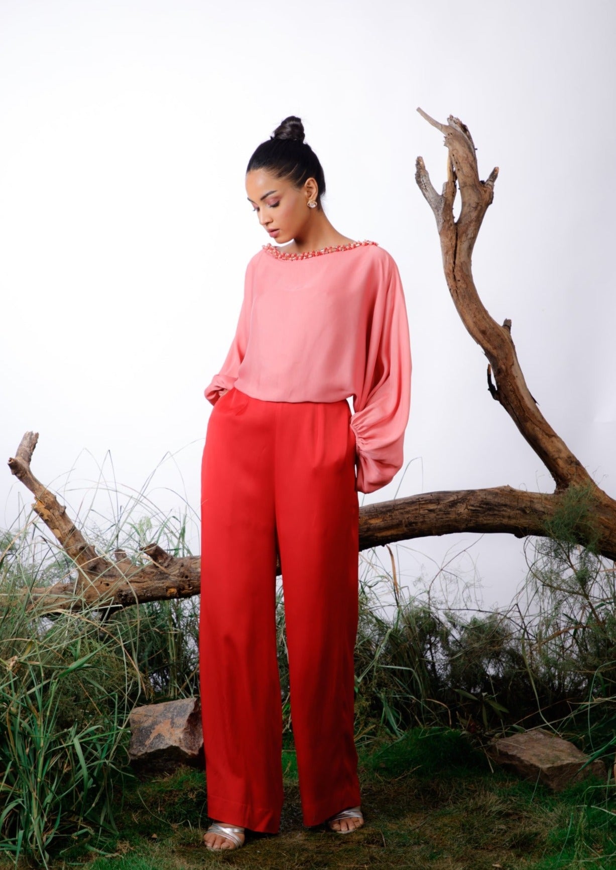 Pink & Red Color-Block Pearl Beaded Jumpsuit. Pret Collection by omana by ranjana bothra