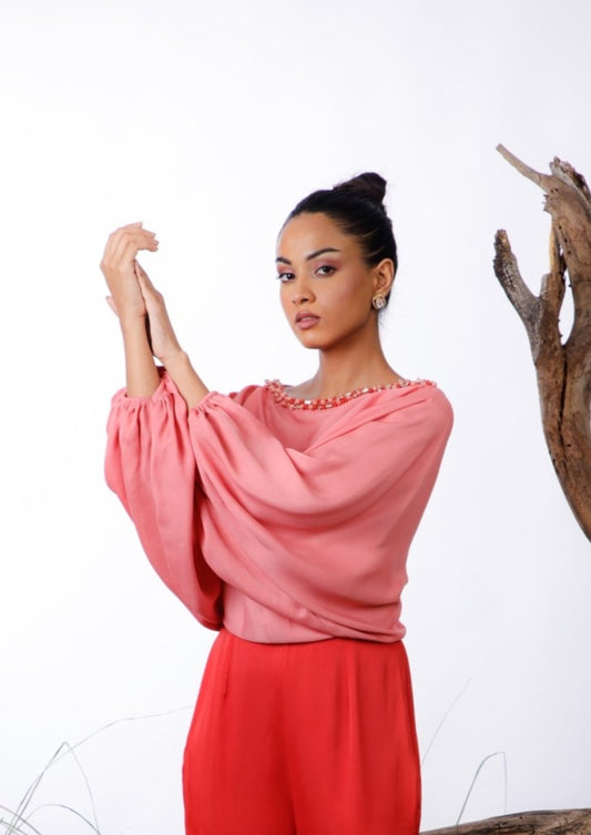 Pink & Red Color-Block Pearl Beaded Jumpsuit. Pret Collection by omana by ranjana bothra