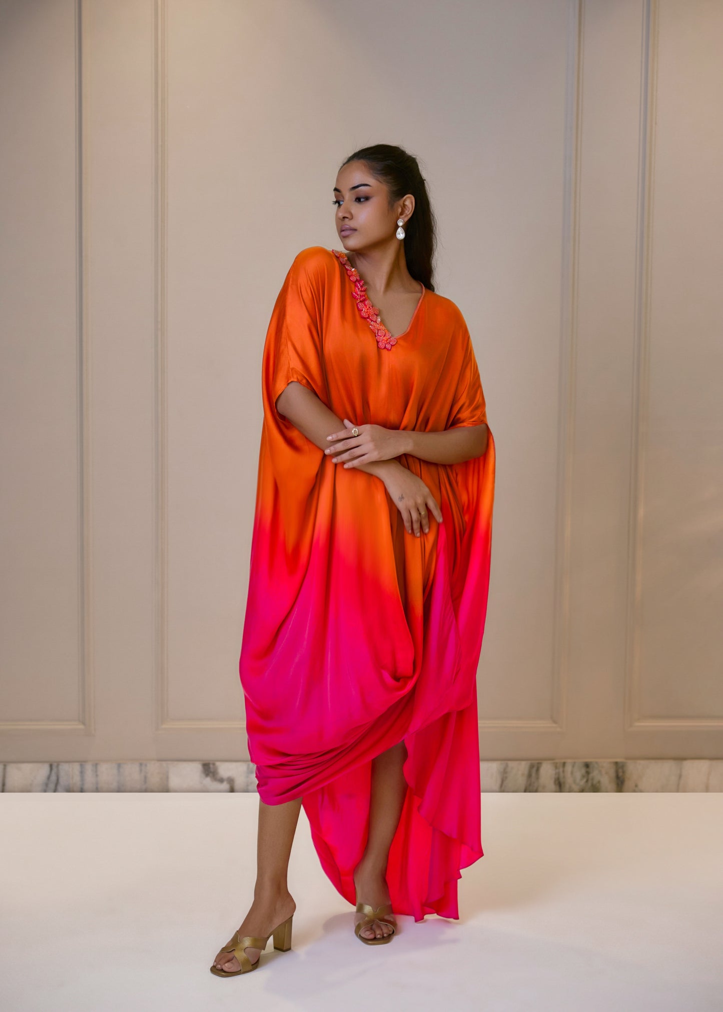 Ombre Cowl Drape Kaftan - Orange & Pink