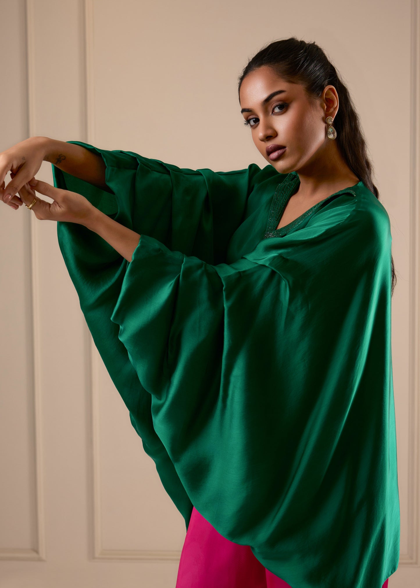 Plunge Color Block Coord Set -Poppy Green & Pink