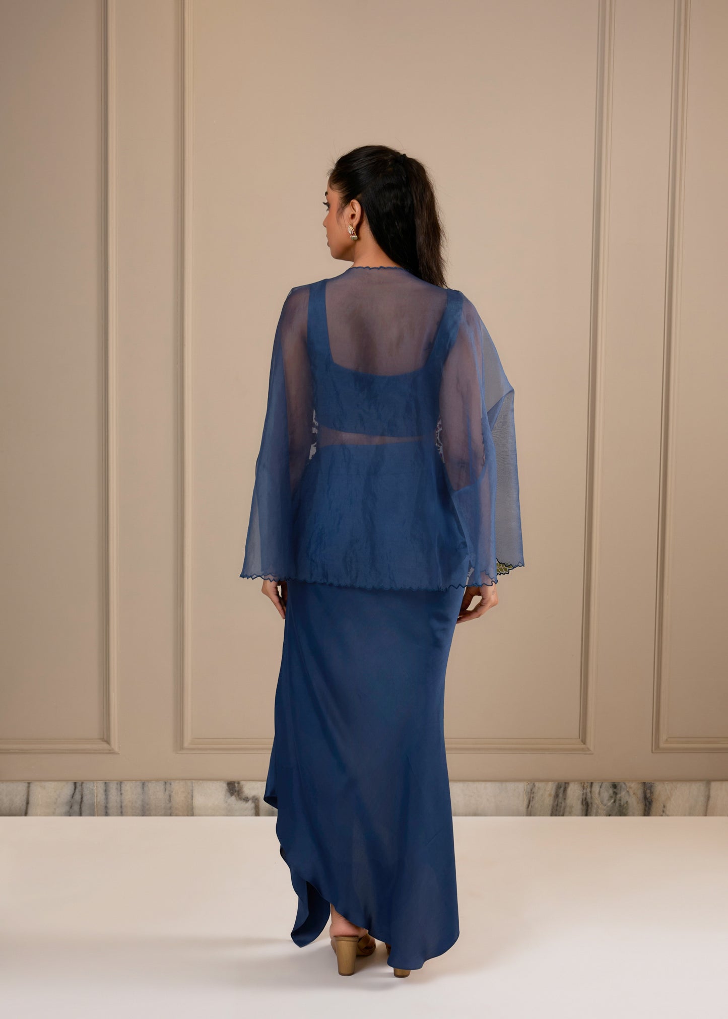 Cowl Blouse with Draped Skirt & Embroidered Cape - Blue