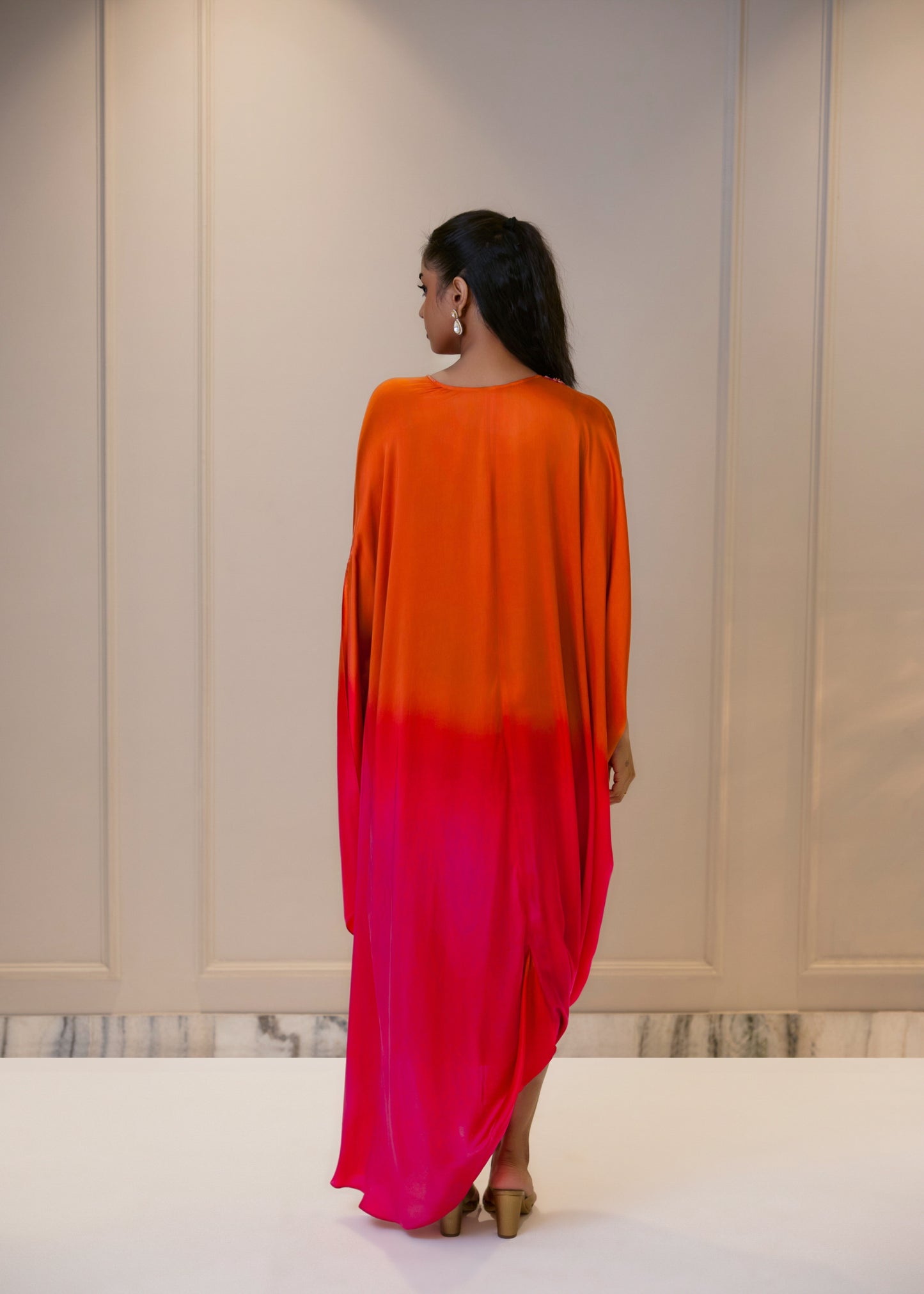 Ombre Cowl Drape Kaftan - Orange & Pink