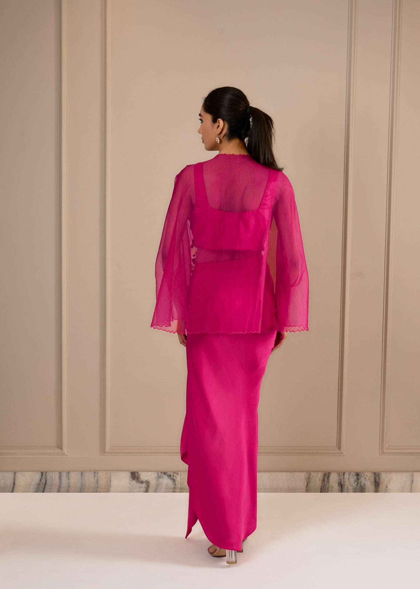 Cowl Blouse with Draped Skirt & Embroidered Cape - Hot Pink