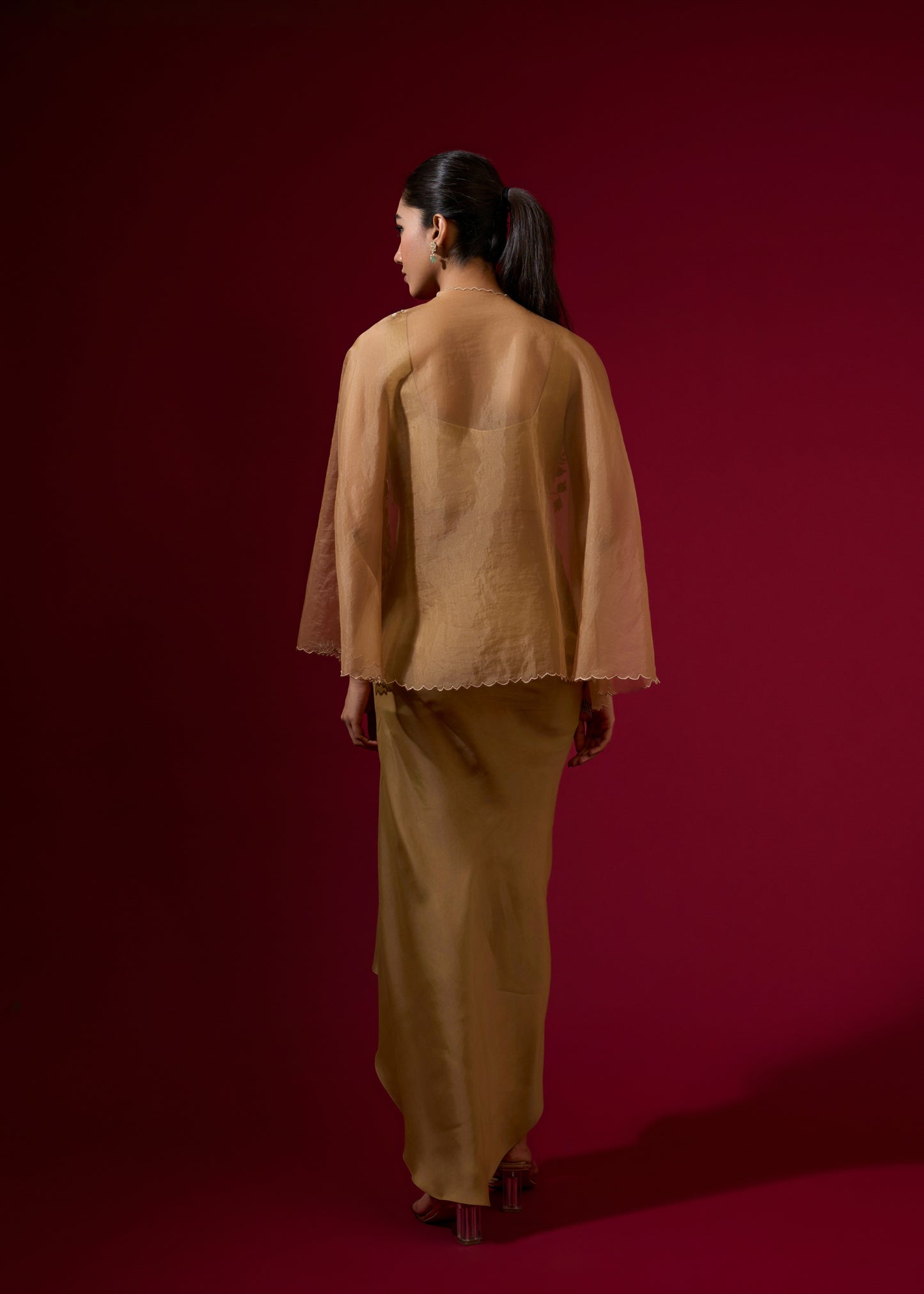 Cowl Blouse with Draped Skirt & Embroidered Cape - Gold