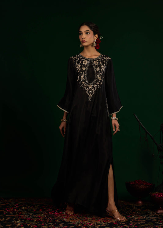Gulnaar Silk Kaftan Dress - Black